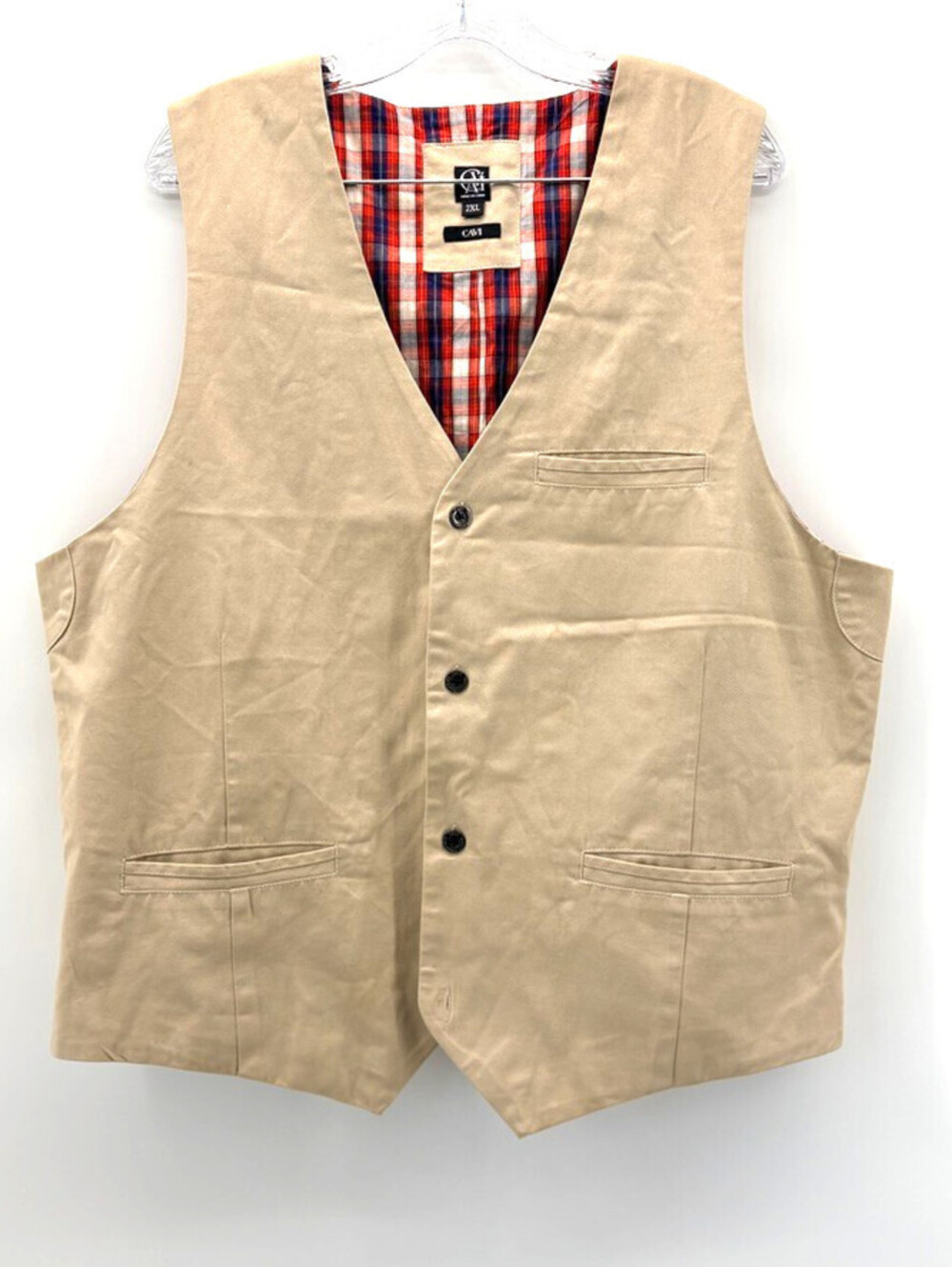 CAVI Men's Vest Khaki w/Plaid Lining Satiny Back w/Plaid Belt Size XXL